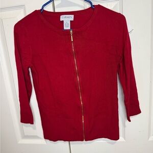 Carmen Marc Valvo Red Zip Front Rib‎ Knit Cardigan Top Size Small Elegant